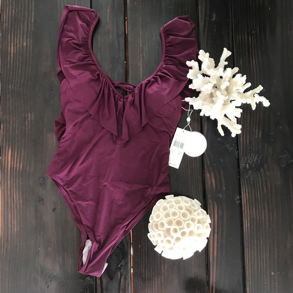 NWT S Radio Fiji Eggplant Purple Ruffle One Piece